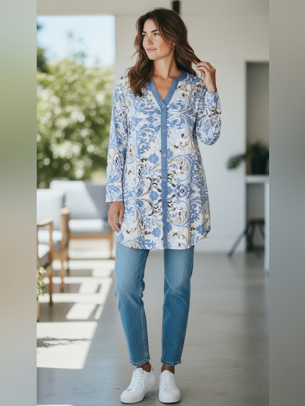 Chicos Fleur-de-lis Blue & Tan Boho Shirt Bohemian Comfy Fall Style Soft Preppy